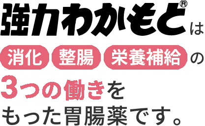 強力わかもとは消化整腸栄養補給の3つの働きを持った胃腸薬です。